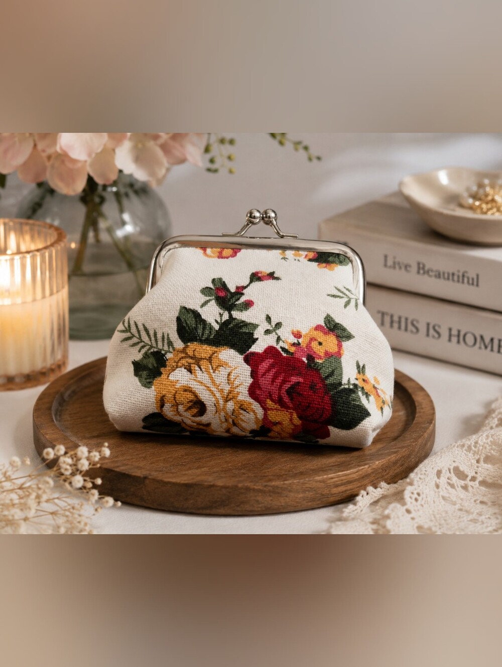 Floral Linen Coin Purse Wallet in Cream with Red & Yellow Roses